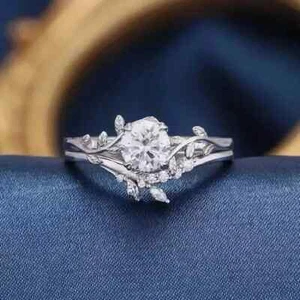 1 Ct Round Cut Real Moissanite Women Wedding Bridal Ring Set 14k White Gold Over - Picture 1 of 10