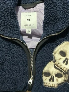 Skulls Patches Blue Navy Sherpa Fleece Pockets S-M Goth Punk Biker Zip Jacket - Picture 1 of 4