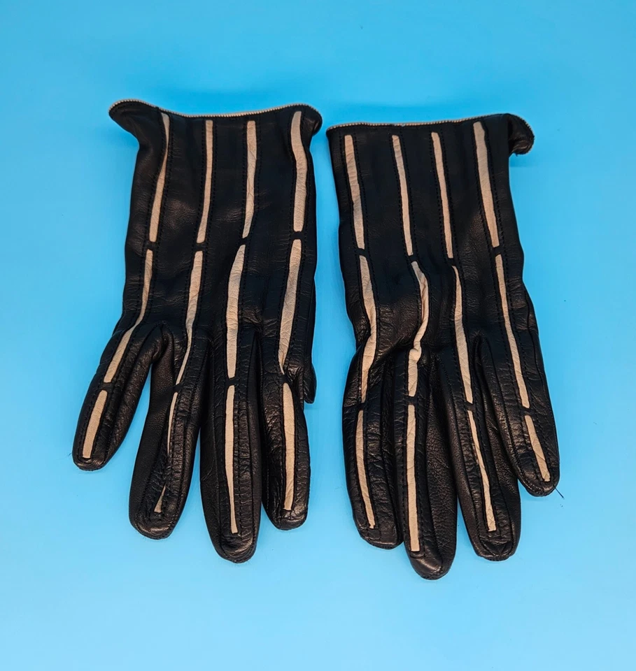 Luvas de couro femininas vintage listras pretas bronzeadas feitas na Itália tamanho 6.5 - Imagem 1 de 4