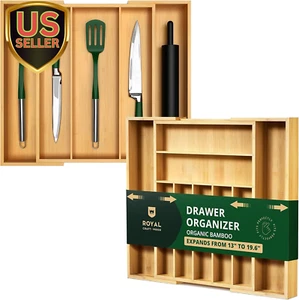 Luxury Bamboo Kitchen Drawer Organizer - Silverware and Utensil Organizer, 9 and - Picture 1 of 9