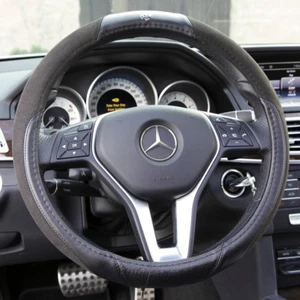 New 14.5" Dia Suede Genuine Leather 7473 Anti Slip Black Steering Wheel Cover - Foto 1 di 12