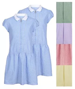 Girls 2 Pack Gingham Dress Summer School Uniform 4 Styles 5 Colours 3-14 Years - Picture 1 of 26