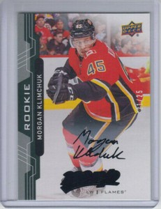18/19 UD MVP Calgary Flames Morgan Klimchuk Black Script RC card #225 Ltd #/25