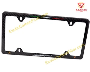 Lamborghini White Script & 3D Logos 4 Hole Slim Carbon Fiber Plate Frame  - Bild 1 von 2