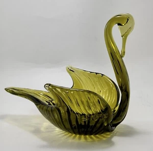Vintage Italian hand blown Olive Glass Swan Dish, Murano Style, Unknown Maker - Picture 1 of 22