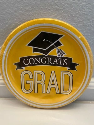 Congrats Grad Dinner Plates 18-  8 3/4" Premium Strength Yellow Graduation  - Image 1 of 2