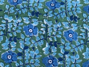 Indian Aqua Blue and Green Floral Hand Block Print Cotton Fabric (by the yard) - Picture 1 of 3