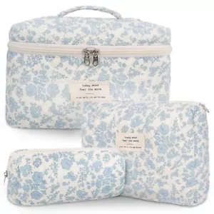3Pcs Cotton Quilted Makeup Bag Large Travel Cosmetic Bag Coquette Makeup Pouc... - Picture 1 of 7