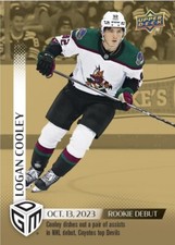 Gold /100 2023-24 UD NHL Game Dated Moments Rookie Debut Logan Cooley #5 *EPack