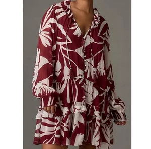 Anthropologie The Marais Printed Chiffon Mini Dress Women's Size XS Maroon White - Picture 1 of 9