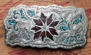 Vintage handgefertigte Western-Gürtelschnalle Blume türkis Koralle Intarsien - Bild 1 von 3