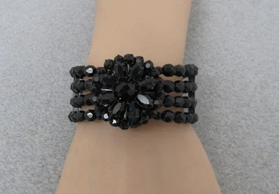 Art Deco Miriam Haskell 黑色玻璃手链丝花水钻 1.25 宽 — 第 1/4 张图片