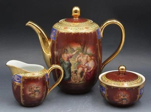 Antique Hutschenreuther Selb German Porcelain 3 Piece Tea Set Royal Vienna Style - Picture 1 of 12