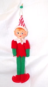 Vintage Elfe auf Regal Ornament Süßigkeiten gestreift Hut Draht biegbare Arme Beine Japan 9" - Bild 1 von 12