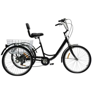 Triciclo 24" Nero Adulto 3 Ruote Bici 6 Velocità Cruise Trike Bicicletta +Cestino - Foto 1 di 17