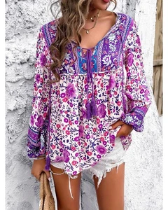 Everyday the Label Devine Printed Tie Neck Long Sleeve Blouse Women Lilac - Picture 1 of 17