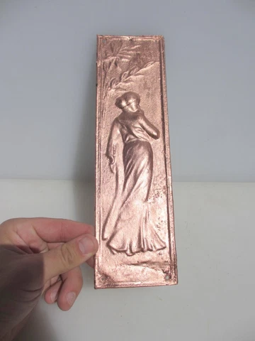 Vintage Iron Finger Plate Push Door Handle Art Nouveau Lady Copper Paint Antique Cover