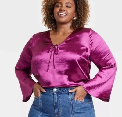Blusa Ava & Viv 1X Manga Larga Campana Púrpura Satén Brillante Corbata Frontal Cuello en V Top NUEVA Foto 1 de 4