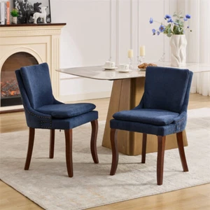 Modern Chenille Double-layer Upholstered Dining Chair w/Solid Wood Legs Set of 2 - Picture 1 of 22