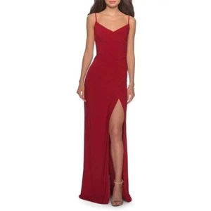 La Femme Long Jersey Dress with V-neck and Open Back 28029 Size 10 - Picture 1 of 11