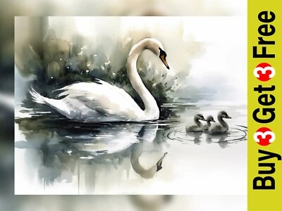 Graceful Elegance: Impresión de acuarela de cisne y cignetos 5" x 7" Foto 1 de 4