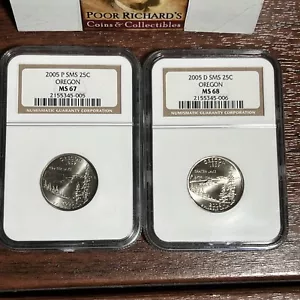 Oregon 2 Coin Set 2005 P SMS NGC Certified MS67 & 2005 D Oregon MS68 SQ1069 - Picture 1 of 7