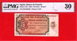 Raro, 5 Pesetas, 1938 ''Burgos'' Serie M, Ultima serie emitida.Certificado PMG - Picture 1 of 2