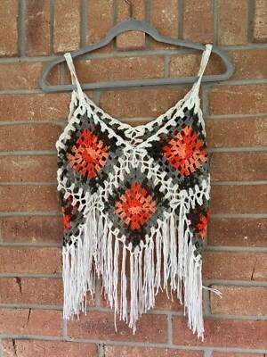 Handmade Crochet Fringe Boho Crop Top With Multicolor Diamond Pattern - Image 1 of 4