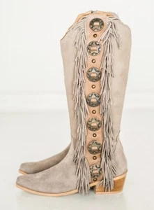NIB NAUGHTY MONKEY RODEO DOLL TAUPE COWGIRL BOOTS Taupe Fringe TRIM 6.5 M - Picture 1 of 14