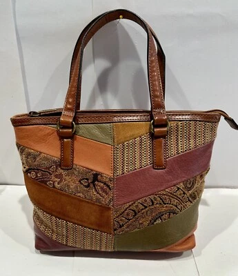 Bolso Bandolera Pequeño Fossil Maddox Marrón Verde Púrpura Cuero Tapiz Retazos 4 Foto 1 de 4