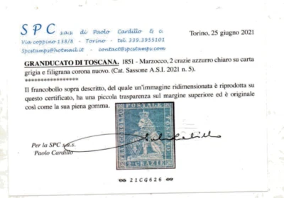 1851 ITALY TOSCANA STATE-SASSONE No.5(2 crazie azzuro chiaro su grigio)CV 14000 - Image 1 of 3
