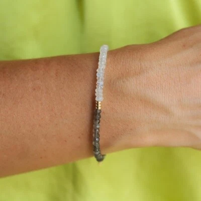 Natural Flash Labradorite & Moonstone 3-4MM Faceted Gemstone Beads Bracelet 6-8" - Image 1 of 4