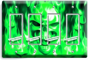 GREEN FLAMES BURNING SKULL 4 GFCI LIGHT SWITCH WALL PLATES BIKER MAN CAVE DECOR - Picture 1 of 1
