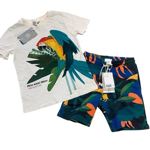 NWT H&M Boys 6-8yr Set Shirt Shorts Tropical Macaw Parrot Vacation Outfit Lot - Picture 1 of 9