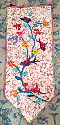 Embroidered Quilted Wall Hanging Birds Floral Tree Of Life 44" X 17" Handmade - Image 1 of 4