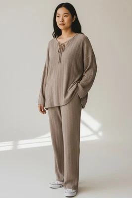 BAREFOOT DREAMS 2 PC Set CozyChic Ultra Lite Rib Tie BEACH ROCK Sz M NEW w/Tags! - Image 1 of 4