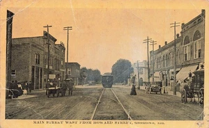 GREENTOWN IN INDIANA MAIN STREET STREETCAR HORSES 1917 VINTAGE POSTCARD 101825 U - Picture 1 of 2