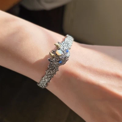 Pulsera S925 Plata Tallada Bestia Mítica Joyería Ópalo Gema Incrustación Regalo Ajustable Foto 1 de 4