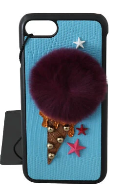 DOLCE & GABBANA Phone Case Cover Blue Leather Lapin Fur Ice Cream iPhone 7 $400 - Image 1 of 4