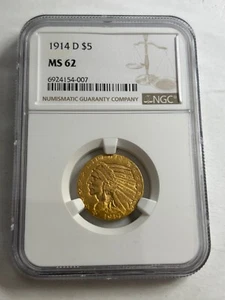 1914-D INDIAN HEAD $5 HALF EAGLE GOLD NGC MS62 - Picture 1 of 4
