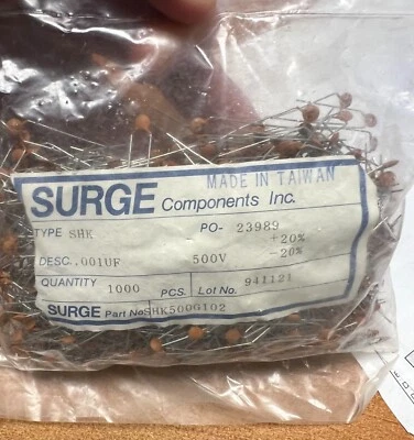 (1000) Condensadores de disco de cerámica radial Surge VINTAGE .001uF 500V 20% 1000pf Foto 1 de 2