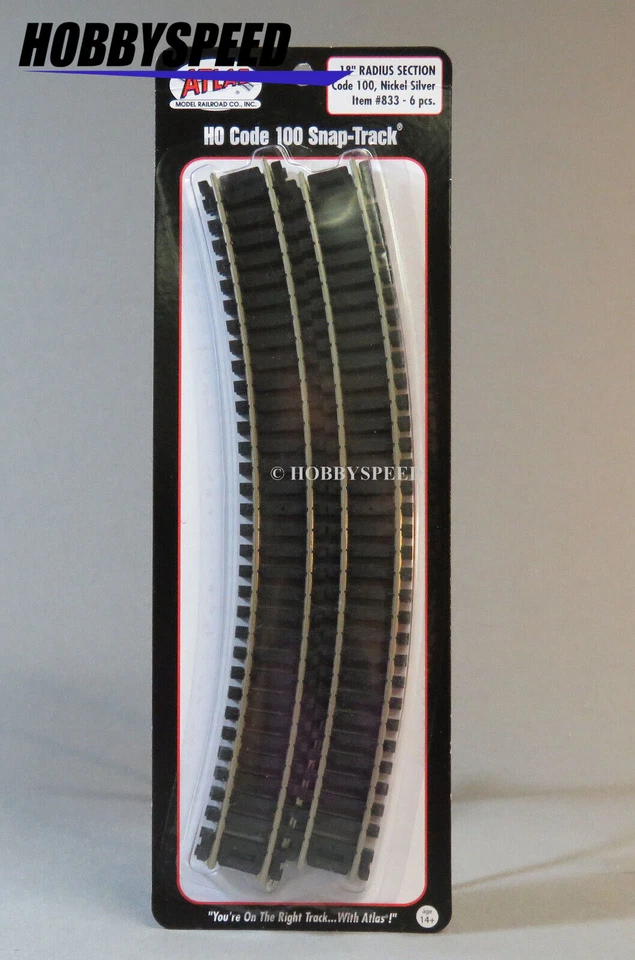 ATLAS 833 HO 18" RADIUS CURVE CODE 100 TRAIN TRACK (6) nickel silver rail ATL833 - Image 1 of 2