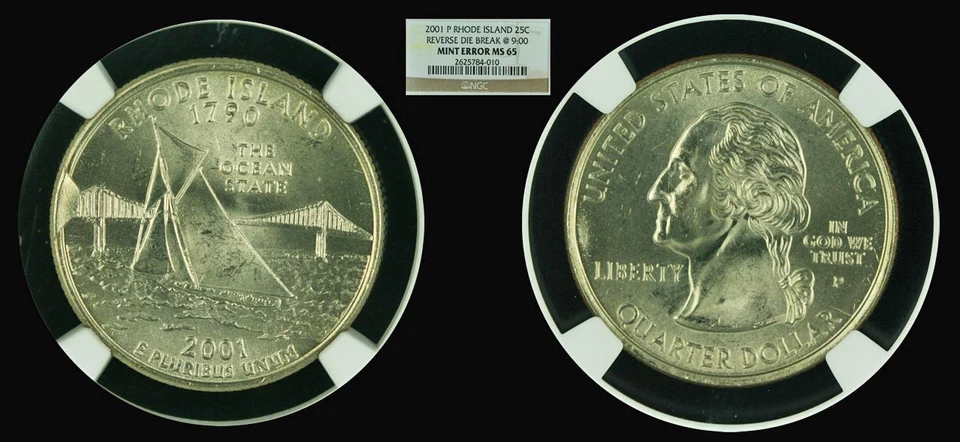 2001-P 25C NGC MS65 Rhode Island - Reverse Die Break (State Quarter Mint Error) - Image 1 of 1