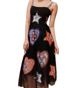Orangensaft schwarzes Kleid Applikation Sterne Herzen Design Band Träger Toile Gr. S - Bild 1 von 15