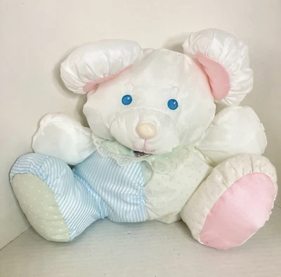 Vintage Fisher Price Puffalump Baby MOUSE Blue Pink Plush Rattle 1988 1 Stain - Image 1 of 4