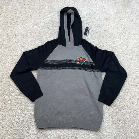 NHL Minesota Wild Sweater Mens Medium Black Gray Hoodie Long Sleeve Logo Front Cover