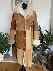 Vintage Sheepskin Leather Fur Coat Jacket Patchwork Afghan Trench Penny Lane Y2K - Picture 1 of 24