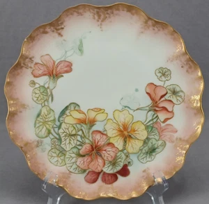 JP Limoges Hand Painted Red & Yellow Nasturtiums & Gold 9 1/4 Inch Plate - Picture 1 of 10