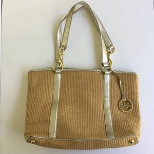 Michael Kors Straw/Leather Tote Natural/Silver with Removable Canvas Pouch - Picture 1 of 12