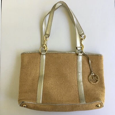 Michael Kors Straw/Leather Tote Natural/Silver with Removable Canvas Pouch - Image 1 of 4